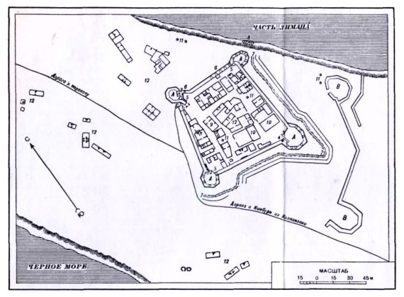 Крепость Кинбурн. Чертеж, выполненный на основании рукописного плана 1775 года. (Центральный Государственный архив древних актов)