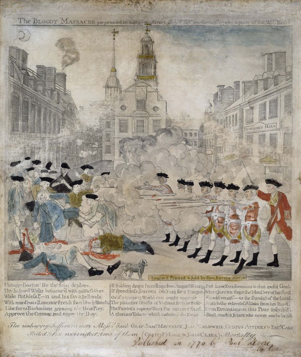 …И пропагандистский взгляд на Бостонскую резню. Та самая картина, распространенная Полем Ревиром 