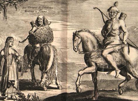 Черкесы — мужчина, женщина и ребенок (слева); калмык (справа)