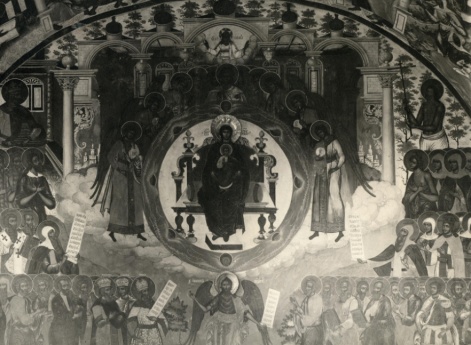 "О тебе радуется Обрадованная". Стенопись на паперти церкви Иоанна Предтечи, что за Которослью в Ярославле