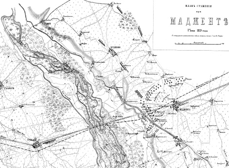 Сражение при Мадженте 4 июня 1859 года с показанием расположения обеих сторон после 5 часов вечера