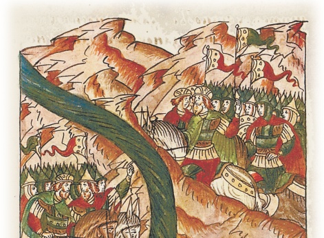 Берендеи и другие воины великого князя Изяслава Мстиславича пугаются огромного войска князя Владимирка Галицкого и уговаривают князя бежать назад.