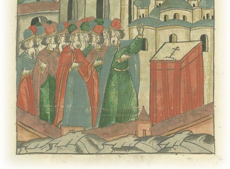 Новгородские посадники Феодор Тимофеевич и тысяцкий Богдан Аввакумович укрепляются крестным целованием, чтобы их судил Новгородский владыка Алексий, а не митрополит в Москве. 