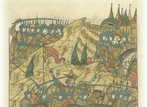 Бой между царем Тохтамышем и царем Аксак-Темиром, в котором царь Тохтамыш проигрывает.